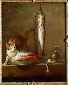 Cat with Salmon Slice, Two Mackerels, Mortar and Pestle by Jean Baptiste Simeon Chardin